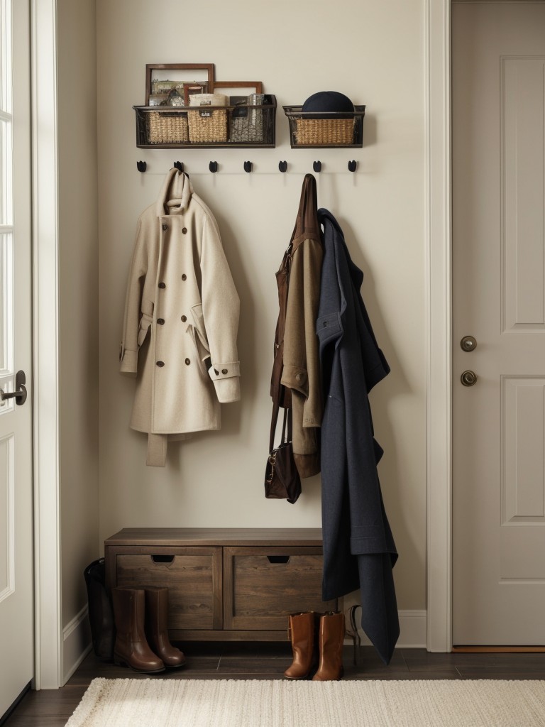 Install wall-mounted hooks or a decorative coat rack to provide a convenient and organized space for hanging coats, bags, and accessories in the foyer.