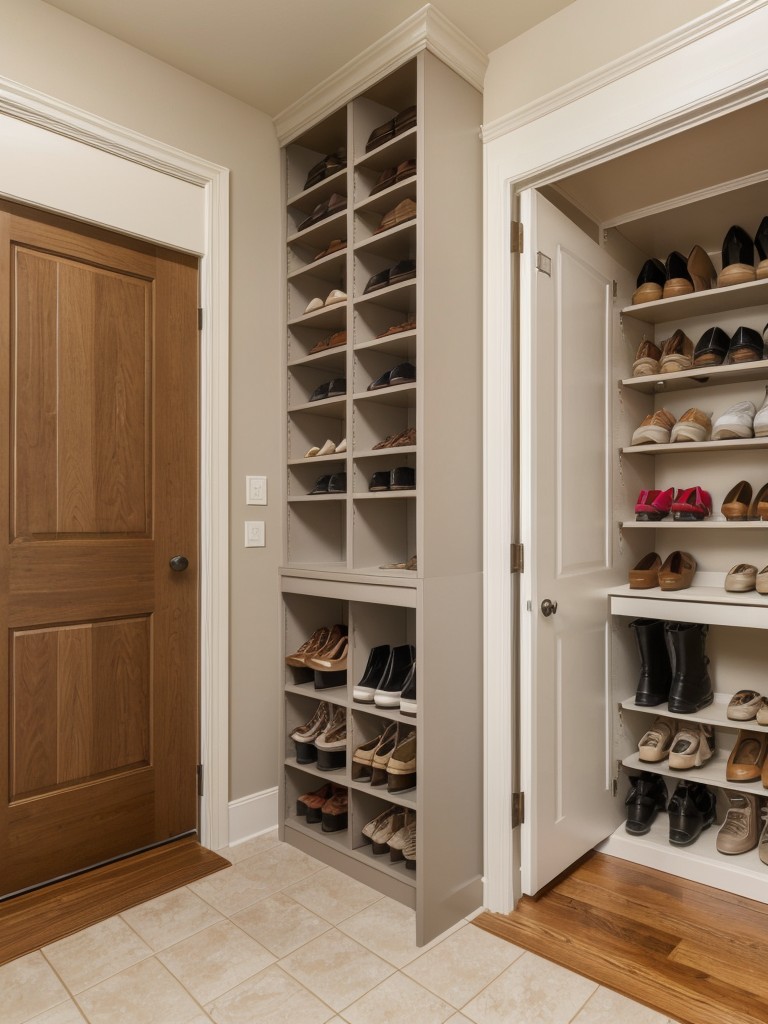 Place a small shoe cabinet or a row of shoe baskets near the entrance to keep the foyer tidy and organized, offering easy access to footwear for residents and guests.