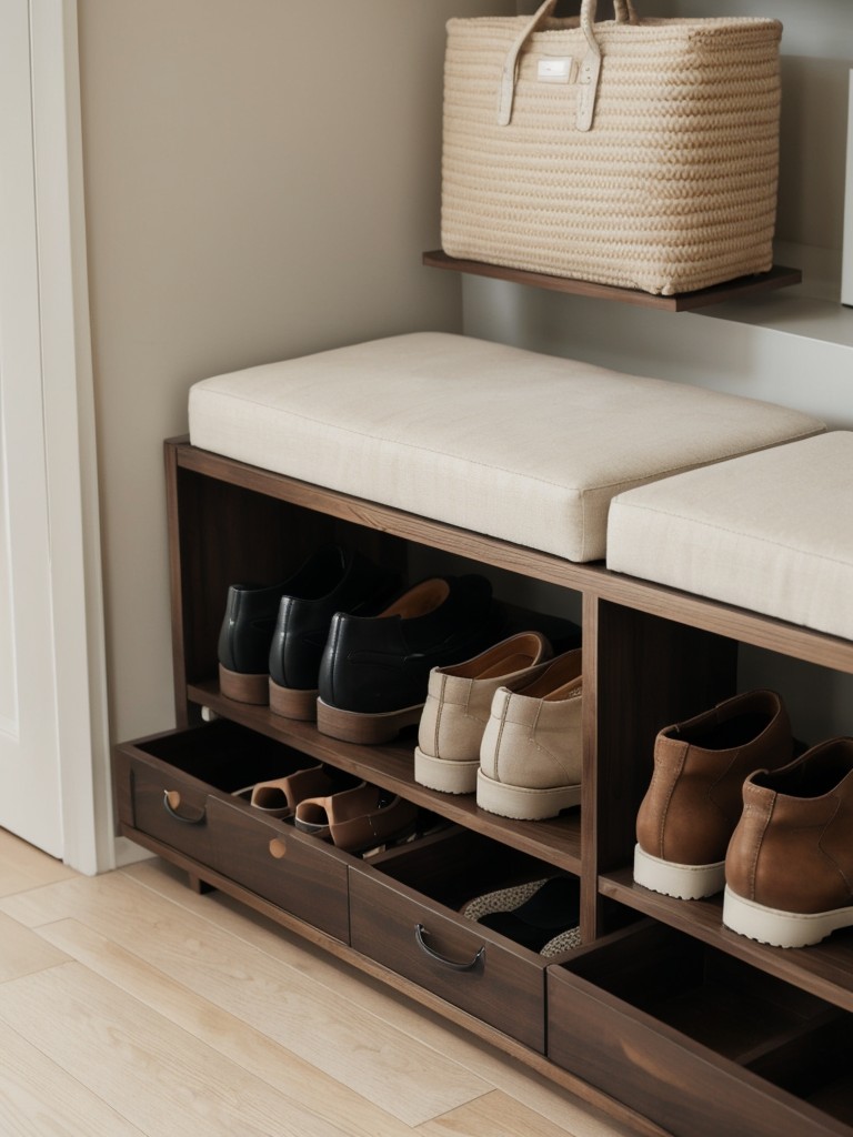 Incorporate a stylish shoe rack or storage bench with built-in compartments for shoes and accessories.