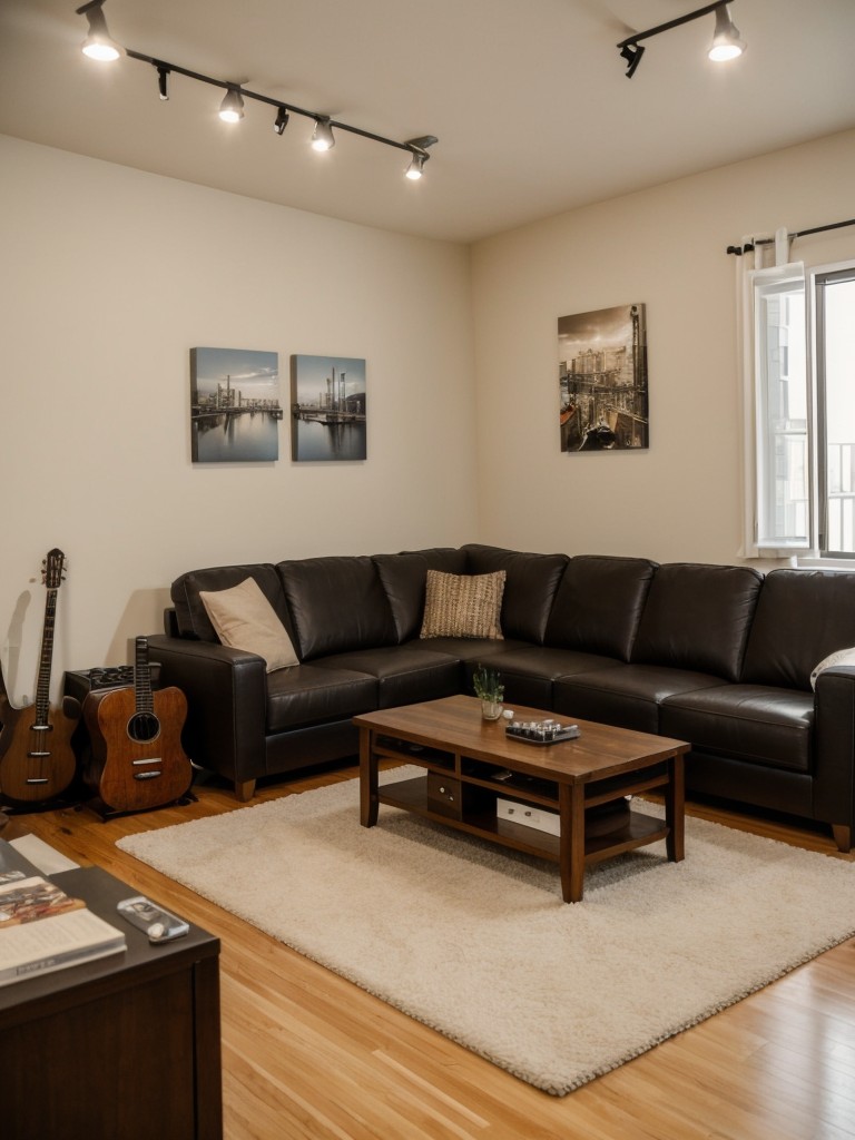 Add a small bar area or a corner dedicated to your hobbies, like playing instruments or reading, showcasing your personal interests in your studio apartment.