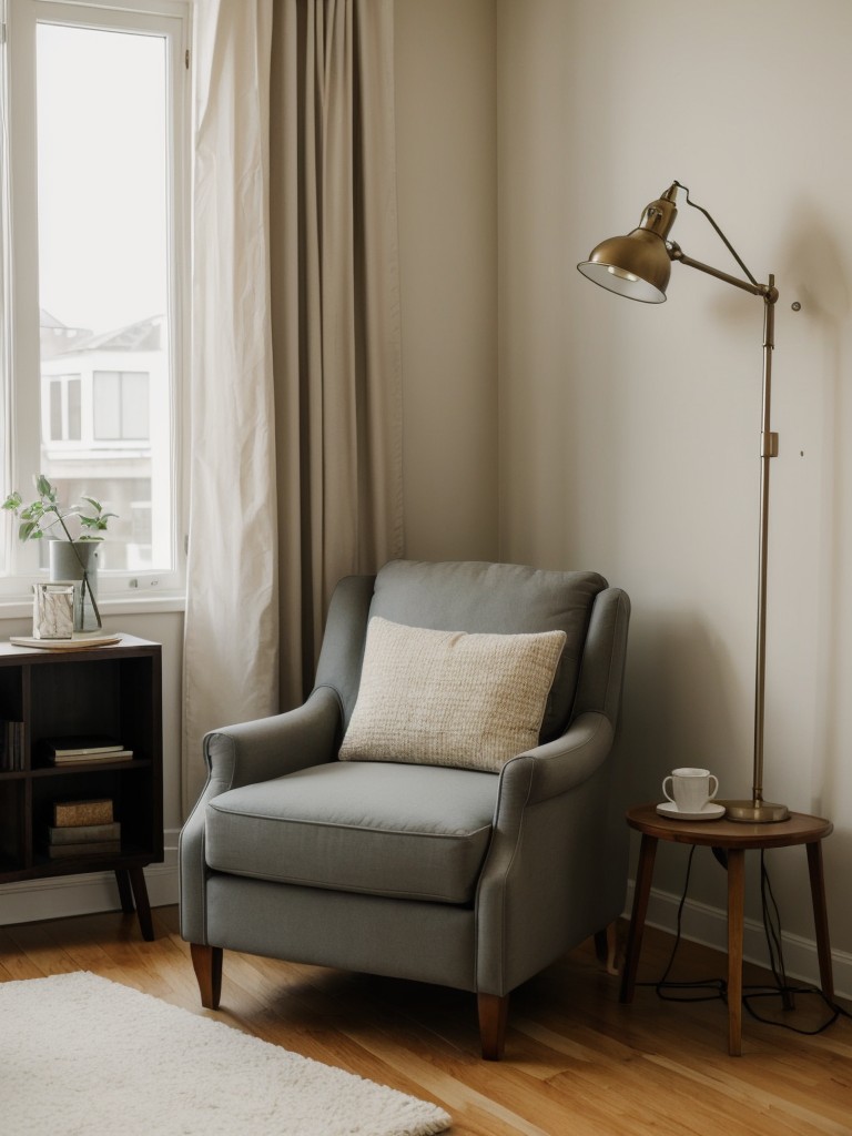 Create a cozy reading nook by adding a comfortable armchair, a floor lamp, and a small side table to enjoy your favorite books and unwind in your studio apartment.