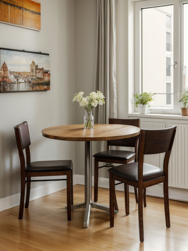Incorporate a small dining area with a bistro-style table and compact chairs, perfect for enjoying meals or entertaining guests in your studio apartment.