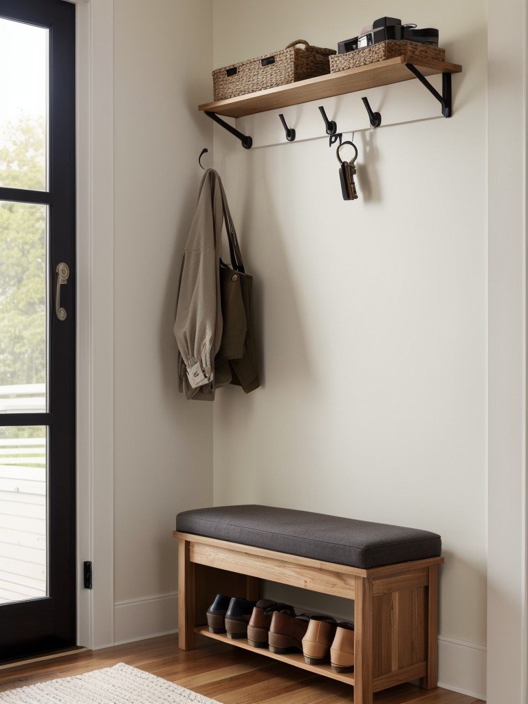 Incorporate a stylish and functional entryway solution, such as a compact shoe rack, a wall-mounted key holder, and a small bench for convenience and organization.