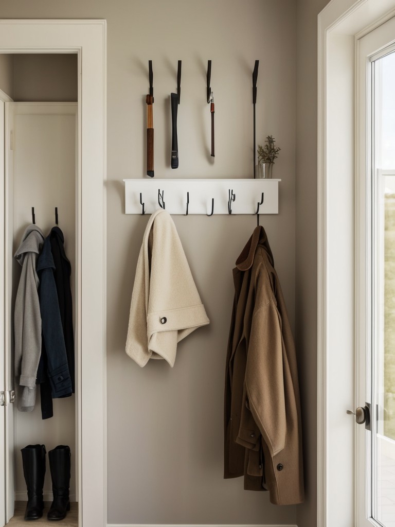 Hang a wall-mounted coat rack near the entryway to keep things organized.