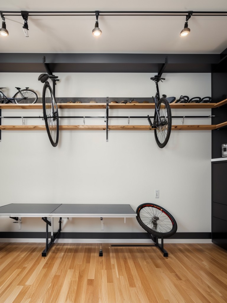 Install a wall-mounted bike rack to store bicycles in a small apartment.