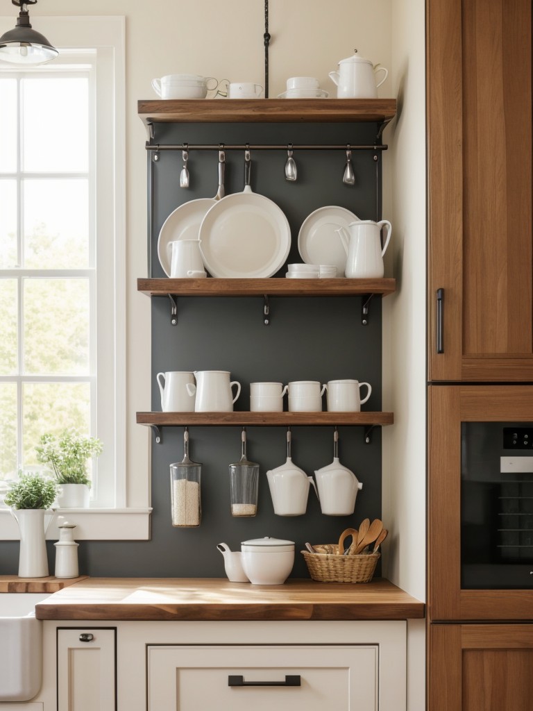 Use a hanging pot rack in the kitchen to free up cabinet space.