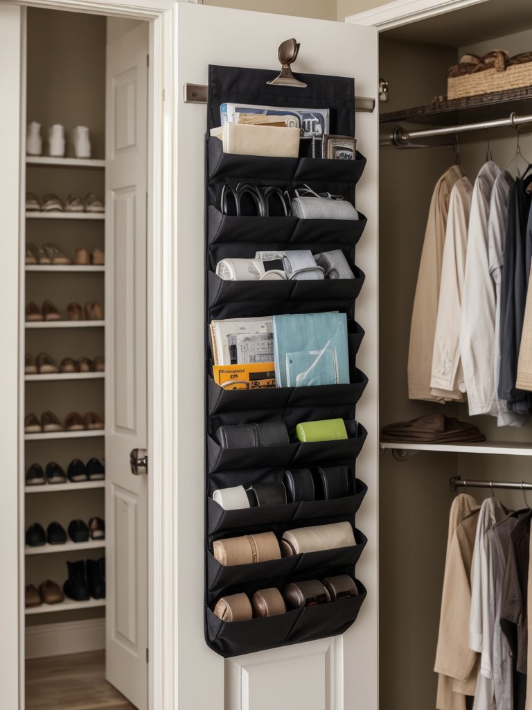 Use a hanging shoe organizer on the back of a closet door for small item storage.