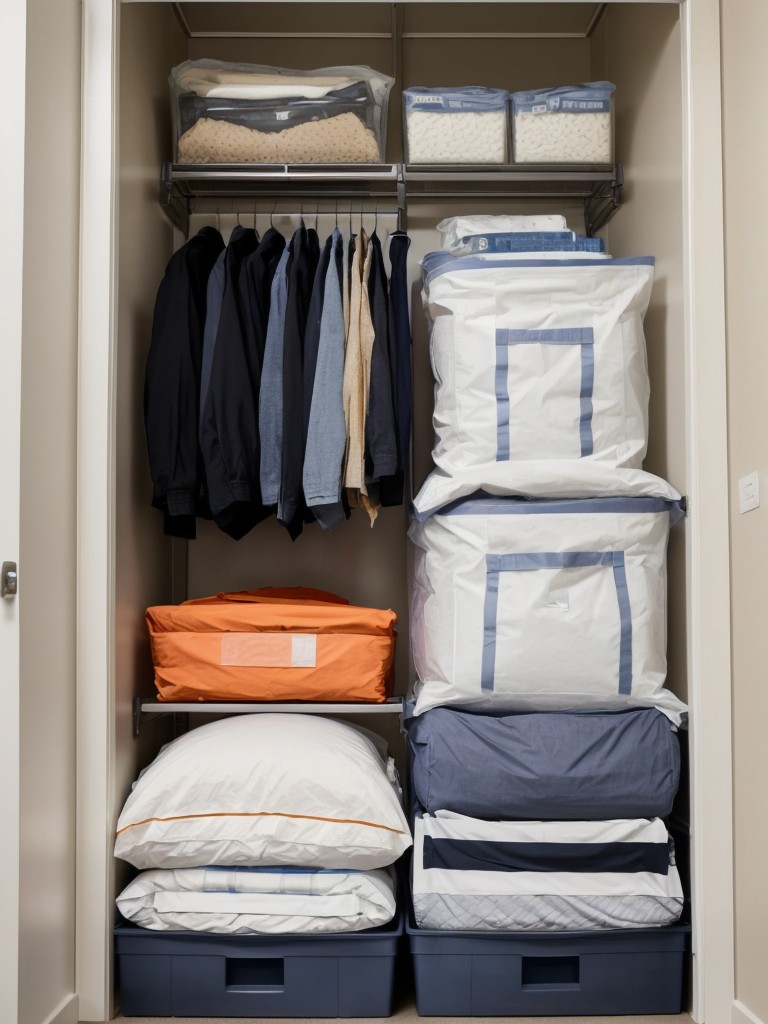 Use vacuum storage bags to compress clothes and bedding for maximum space-saving.