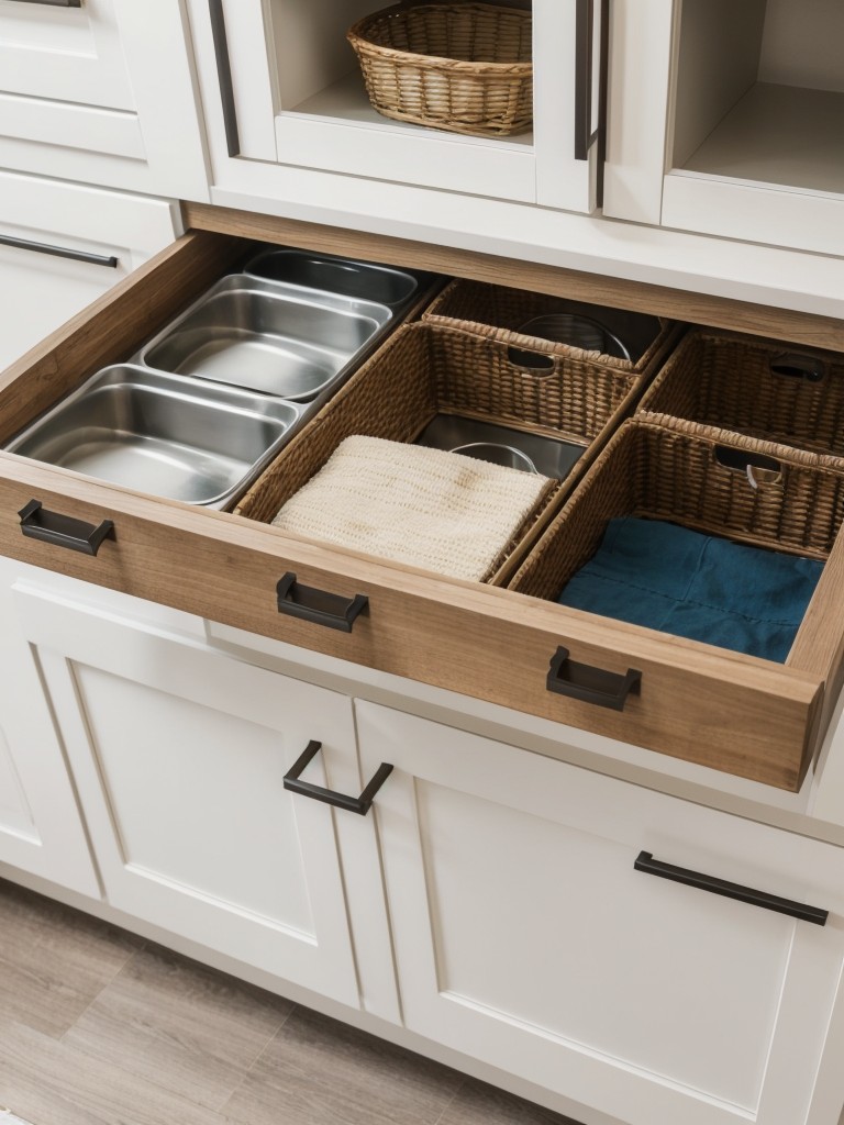 Utilize the space above kitchen cabinets by installing decorative baskets or bins.