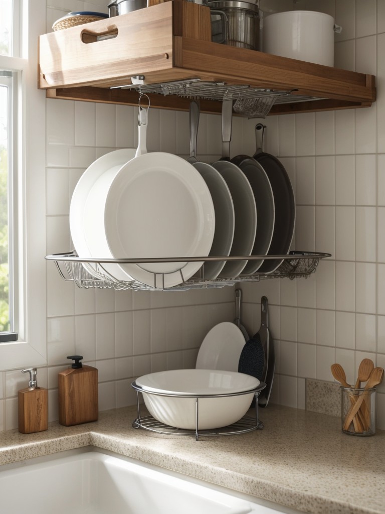 Utilize the space above the sink with a hanging dish drying rack.