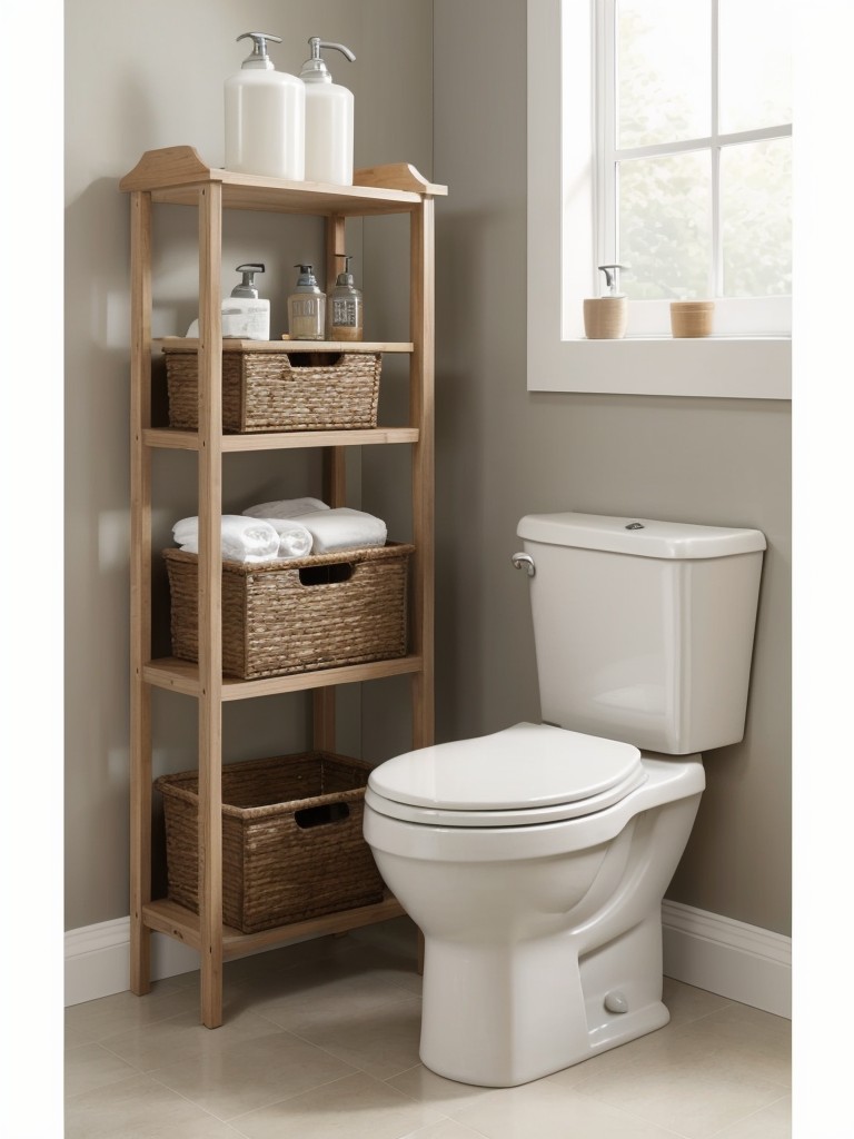 Utilize the space above the toilet with an over-the-toilet storage unit.
