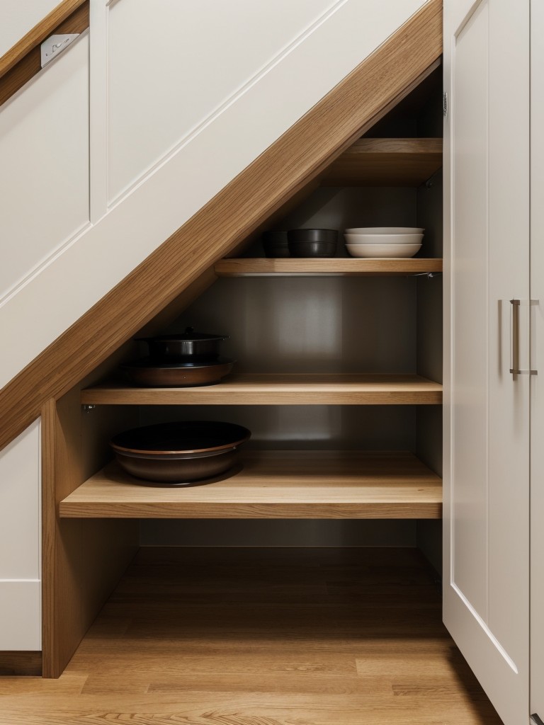 Utilize the space under the stairs with built-in shelving or cabinets.