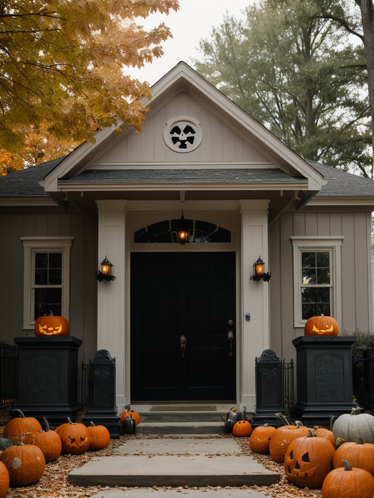 Creating a spooky entrance with cobwebs, tombstones, and jack-o'-lanterns.