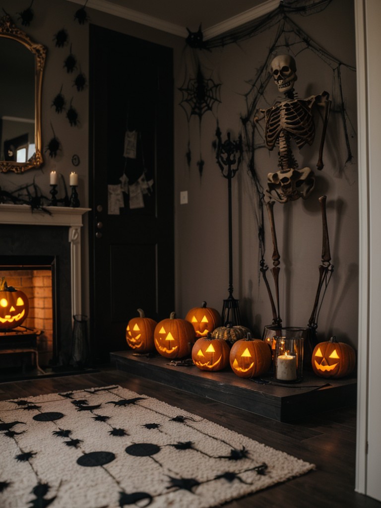 Spooky-themed apartment decorations like cobwebs, skeletons, and witches to create a Halloween atmosphere.