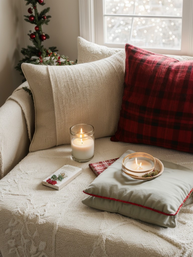 Create a cozy reading nook with holiday-themed pillows, blankets, and a scented candle for a festive escape.