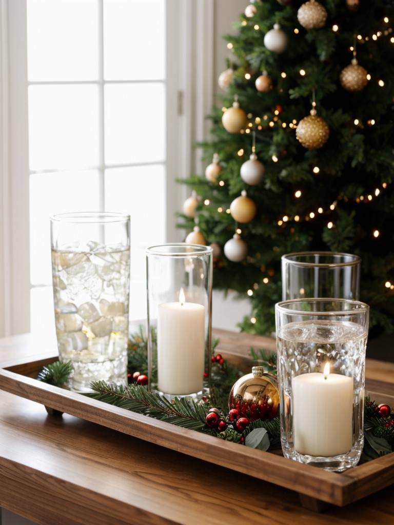 Display a collection of ornaments in a decorative tray or clear glass vases for a festive centerpiece.