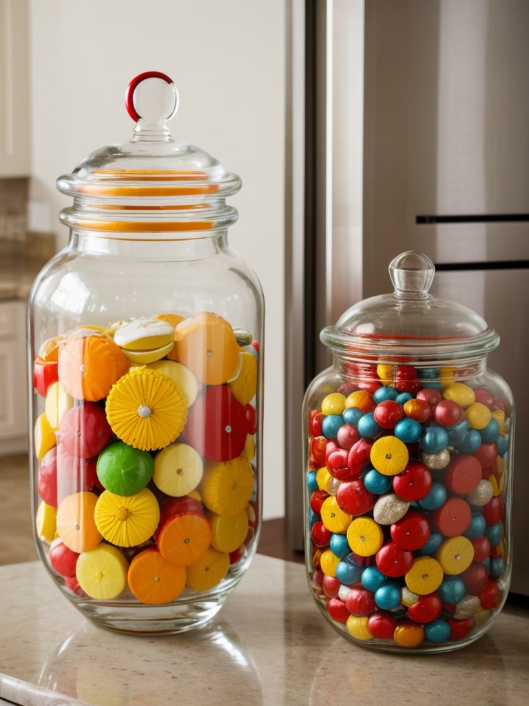 Fill glass jars or vases with colorful candies or ornaments for a vibrant and eye-catching display.
