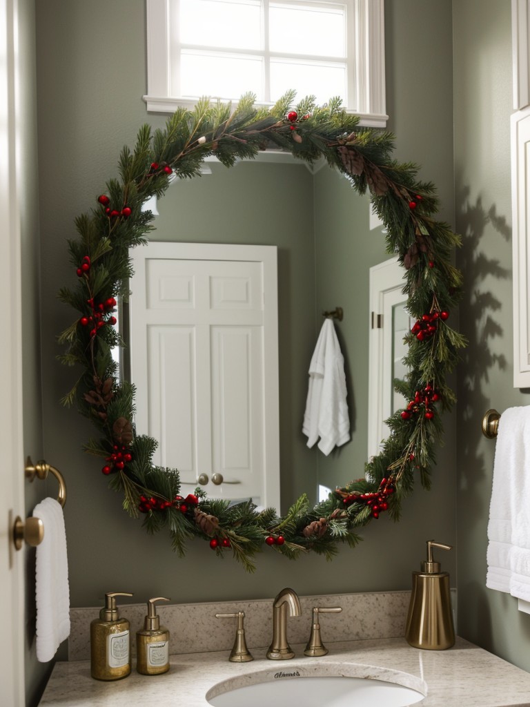 Hang a holiday-themed wreath or garland around your mirror to add a touch of holiday spirit to your bathroom.