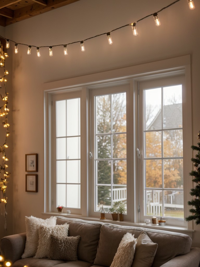 Hang string lights around windows and mirrors to create a cozy and festive ambiance.