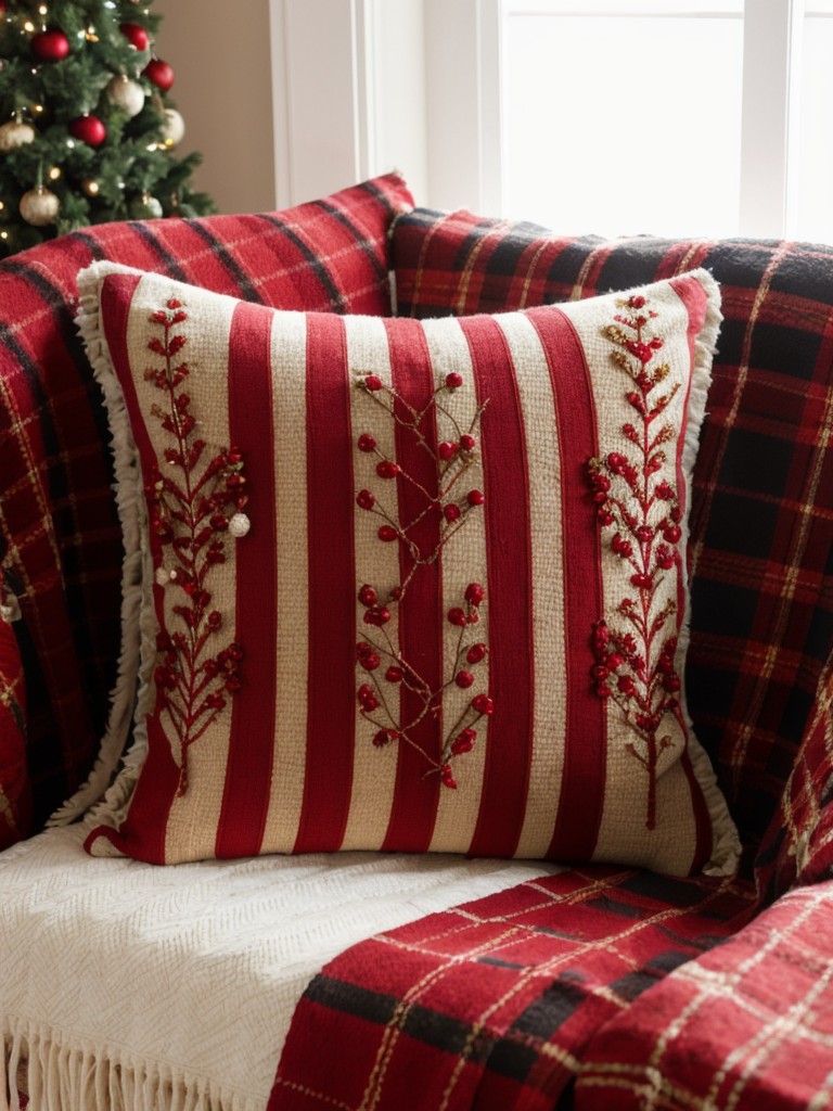 Incorporate holiday-themed throw pillows and blankets to liven up your seating area.
