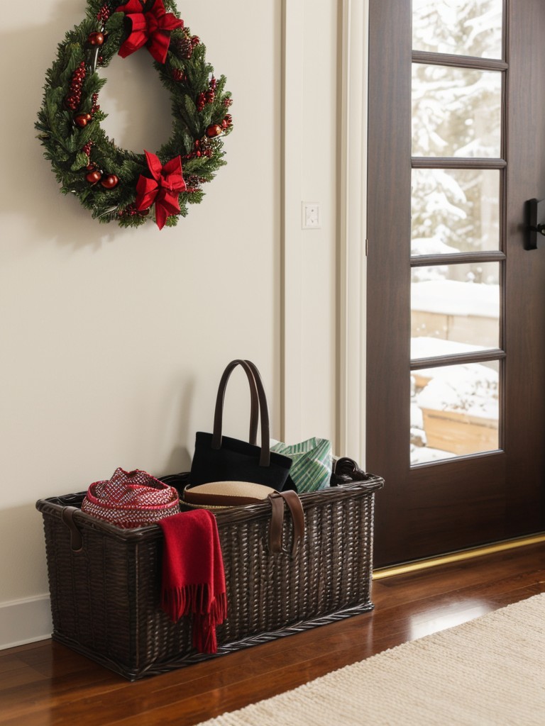 Place a tray or basket near the entrance to hold gloves, scarves, and hats with a festive twist.