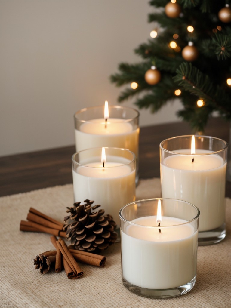 Use scented candles or diffusers with holiday scents like cinnamon, pine, or vanilla to create a festive atmosphere.