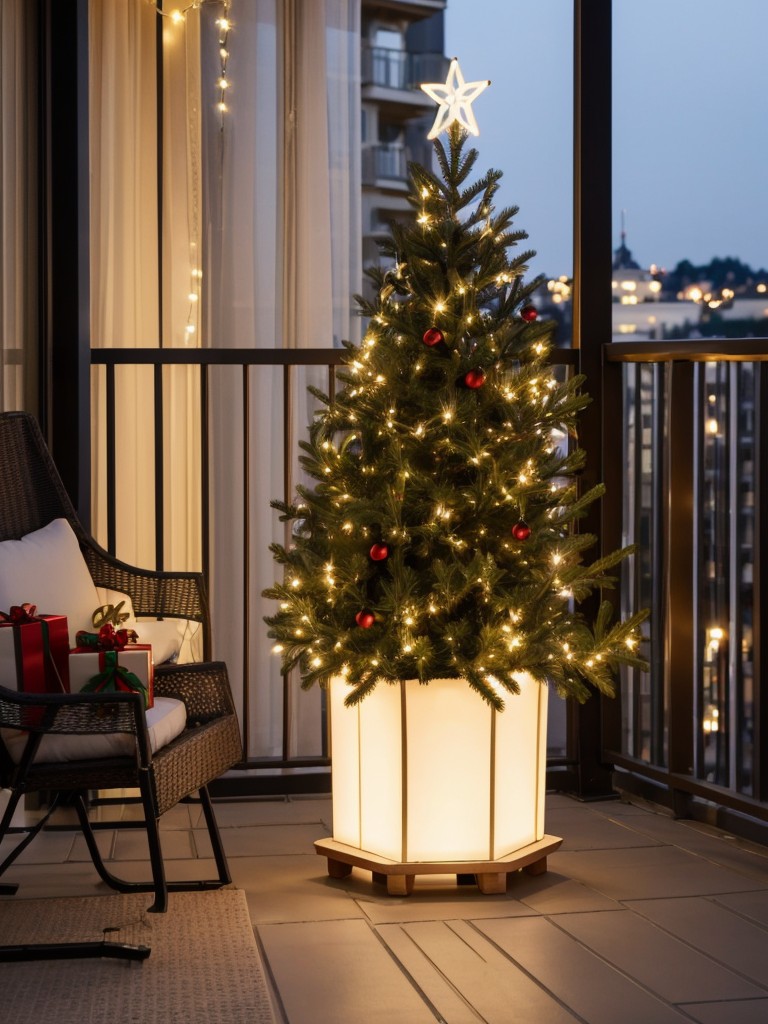 Add charm to your balcony by placing a small artificial Christmas tree in a decorative planter, and decorate it with themed ornaments and mini lights.