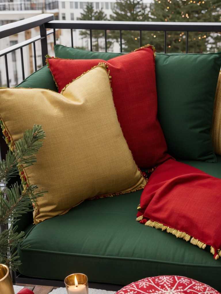 Add a touch of holiday cheer to your balcony seating area with festive throw pillows and blankets in red, green, and gold.