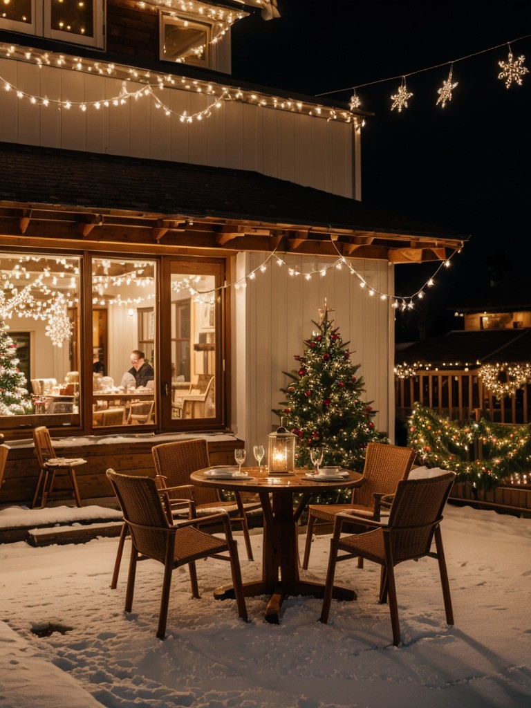 Arrange a cozy seating arrangement with a bistro table and chairs adorned with twinkling string lights, and enjoy hot cocoa or mulled wine while taking in the festive scenery.