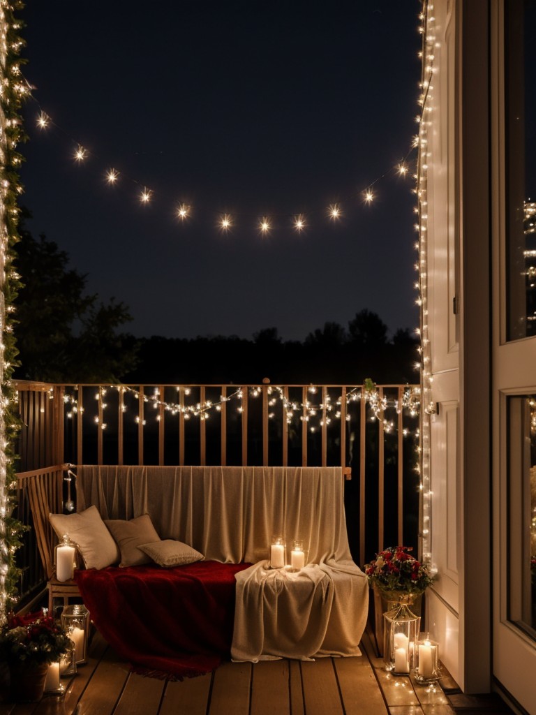 Create a cozy nook on your balcony by hanging sheer curtains, adorned with fairy lights, to provide privacy and a romantic, festive ambiance.