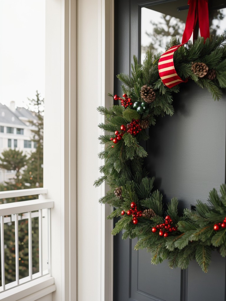 Create a festive ambiance by hanging a wreath on your balcony door and decorating the railing with garlands of fresh or artificial pine.