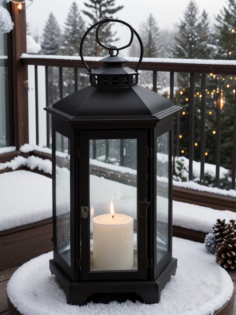 Create a magical atmosphere by placing lanterns or candle holders on your balcony, surrounded by frosted pinecones for an enchanting winter glow.