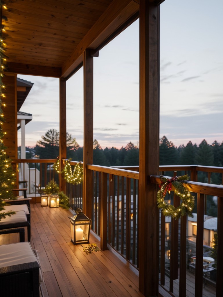 Decorate your balcony railing with a long garland made of pine branches, intertwined with battery-operated Christmas lights and colorful glass ornaments.