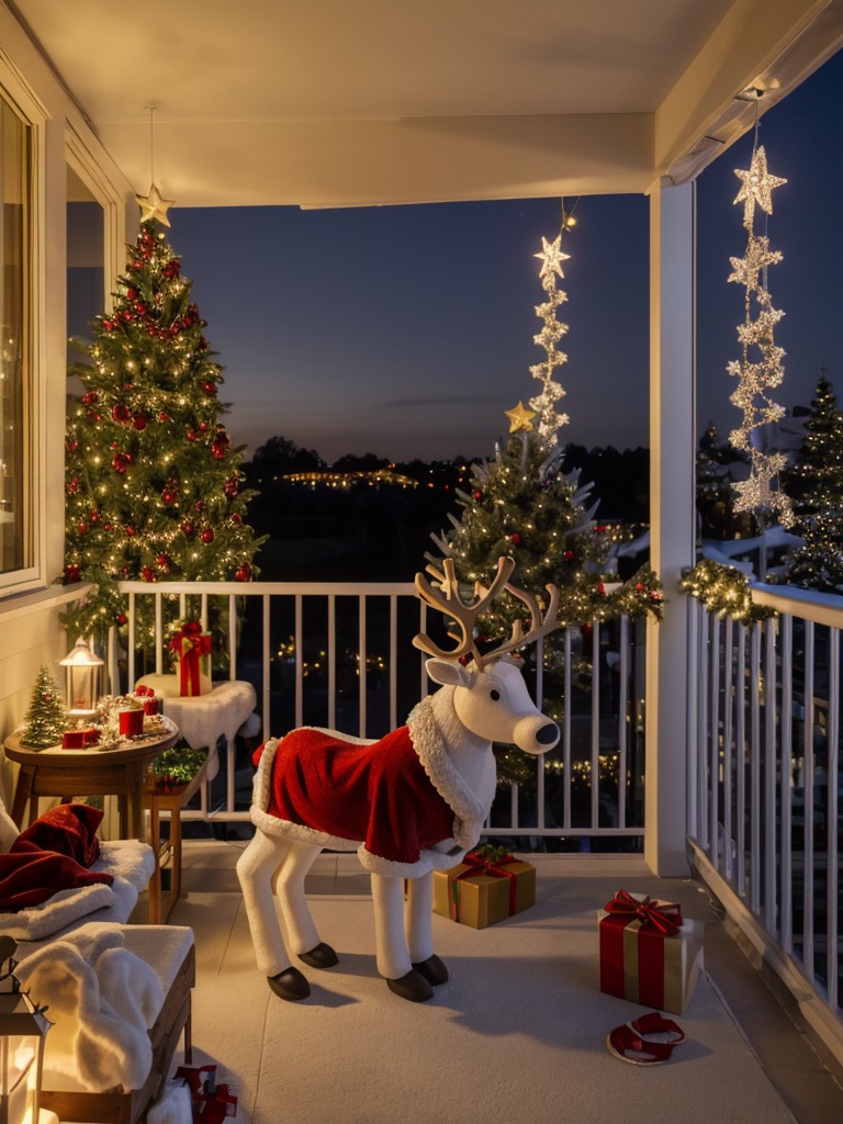 Don't forget to add a charming, light-up reindeer or a Santa Claus figurine to your balcony for some playful holiday décor.