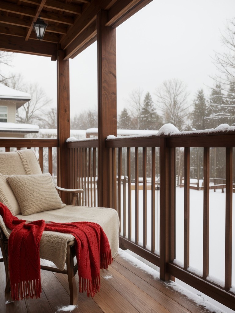 Enhance your balcony's festive appeal by draping a cozy knit blanket over the railing, perfect for snuggling up and watching snowfall.