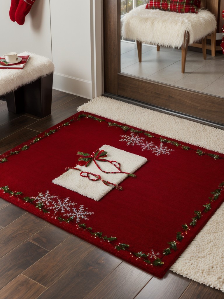 Finish off your balcony Christmas décor with a festive doormat and a plaid or faux fur throw rug for added warmth and style.