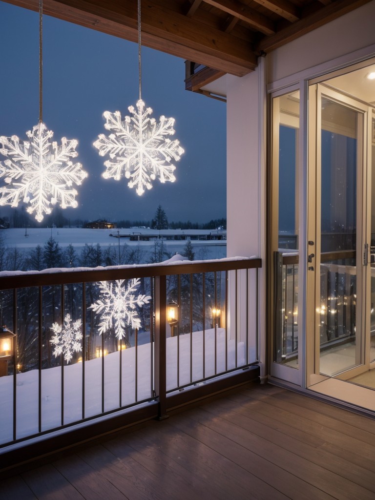 Hang oversized, illuminated snowflakes from the ceiling or railings of your balcony to give it a dreamy and whimsical appearance.