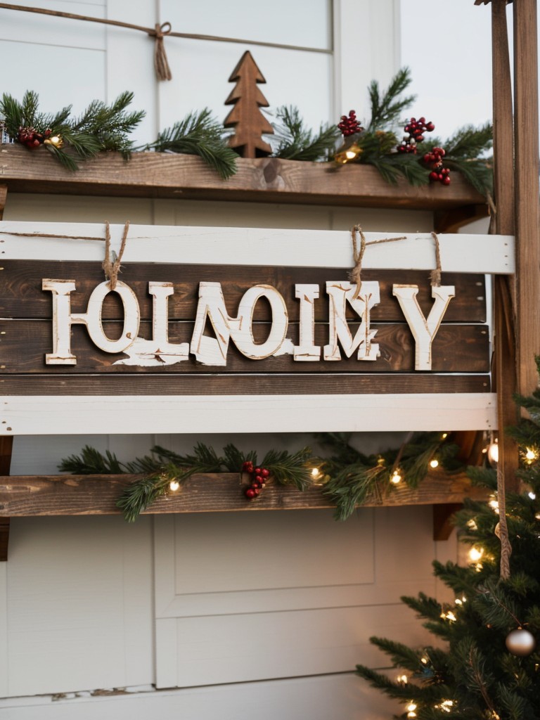 Hang a rustic wooden sign with a holiday message or a personalized family name on your balcony wall to add a touch of warmth and personalized charm.