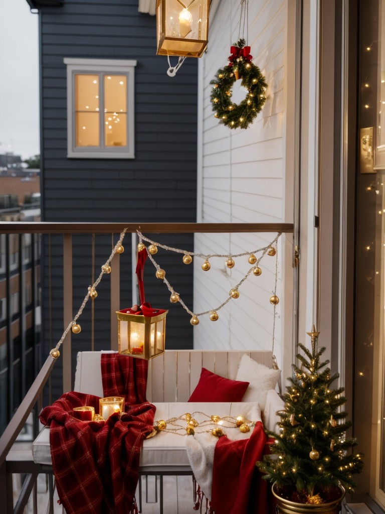 Hang a string of shimmering silver, gold, or red jingle bells on your balcony to create ambient sound while adding a festive touch.