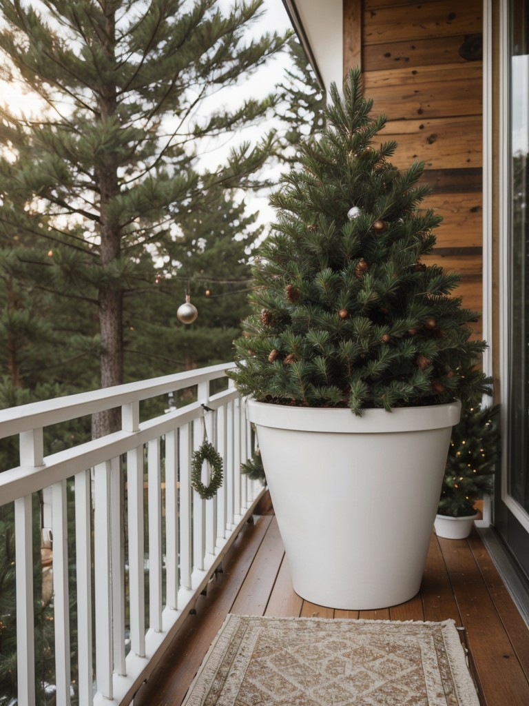 Incorporate natural elements by placing potted evergreen plants and fresh pine cones on your balcony for a rustic Christmas vibe.