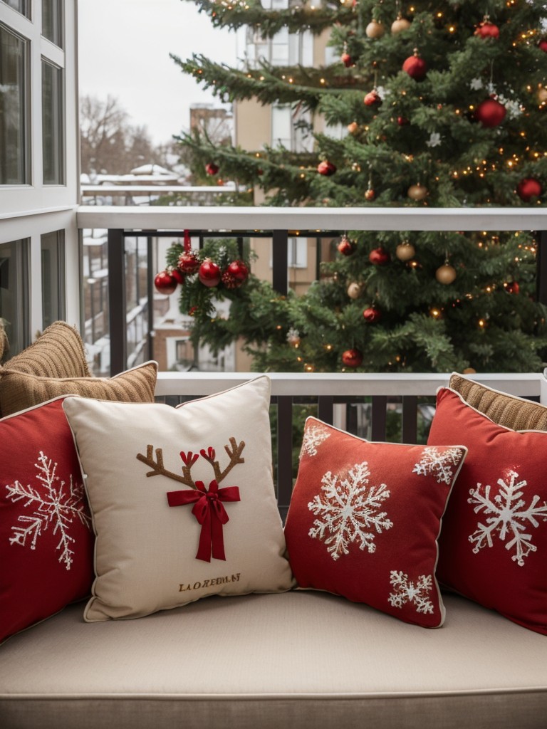 Refresh your balcony seating with plush holiday-themed cushions and pillows in festive patterns like reindeer, snowflakes, or jolly Santas.