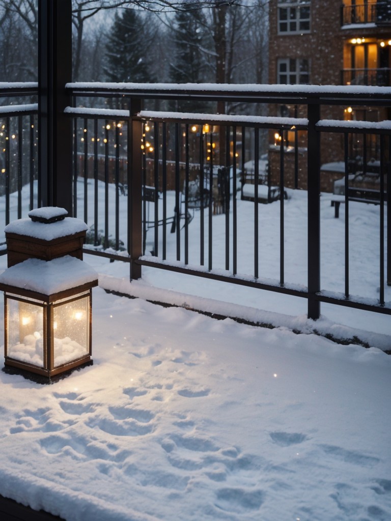 Sprinkle fake snow on your balcony railing and steps to create a winter wonderland effect, paired with fairy lights for a magical touch.