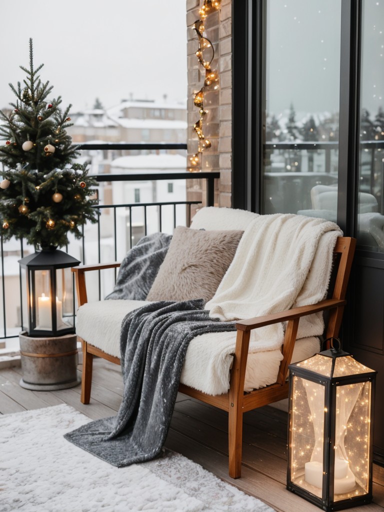 Transform your apartment balcony into a cozy winter wonderland with twinkling lights, a charming mini Christmas tree, and faux fur blankets for extra warmth.