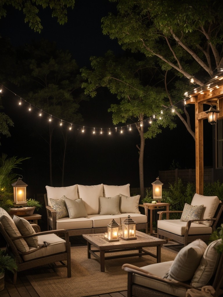 Create a cozy oasis with outdoor cushions, lanterns, and string lights for a relaxing evening retreat.