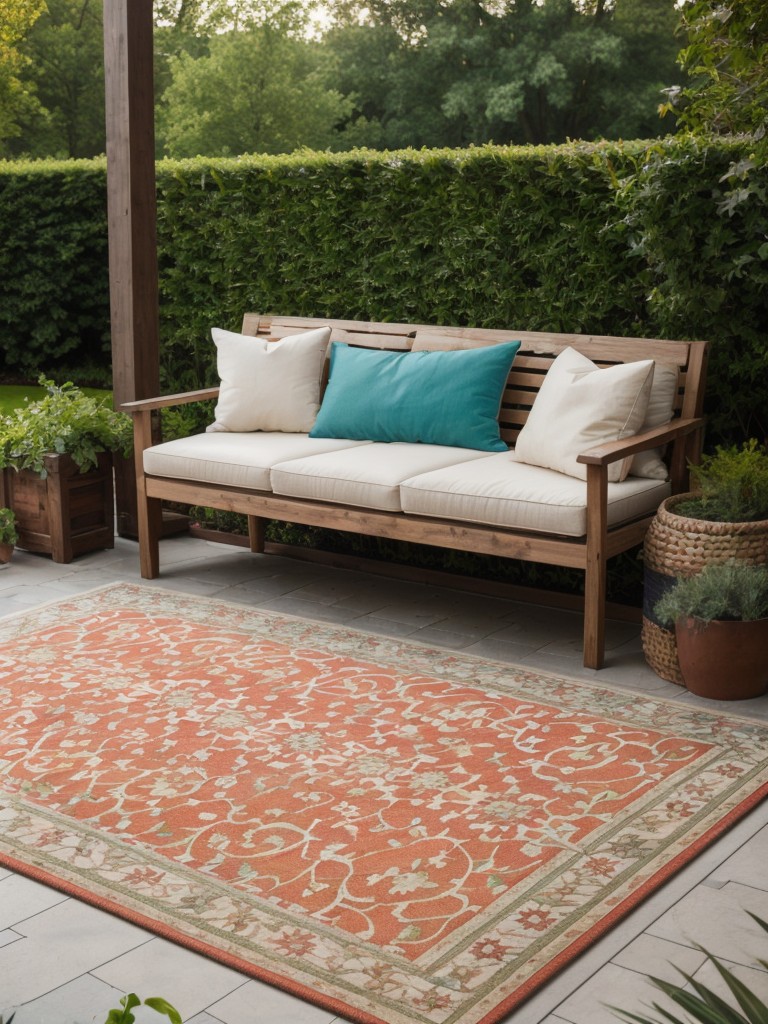 Introduce vibrant plants and colorful outdoor rugs to liven up the space and make it feel larger.