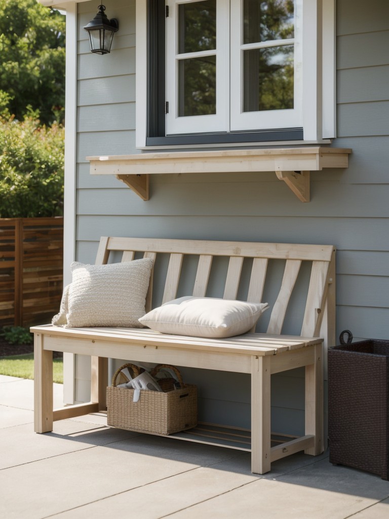 Maximize functionality by installing a small bench with built-in storage for hiding outdoor essentials.