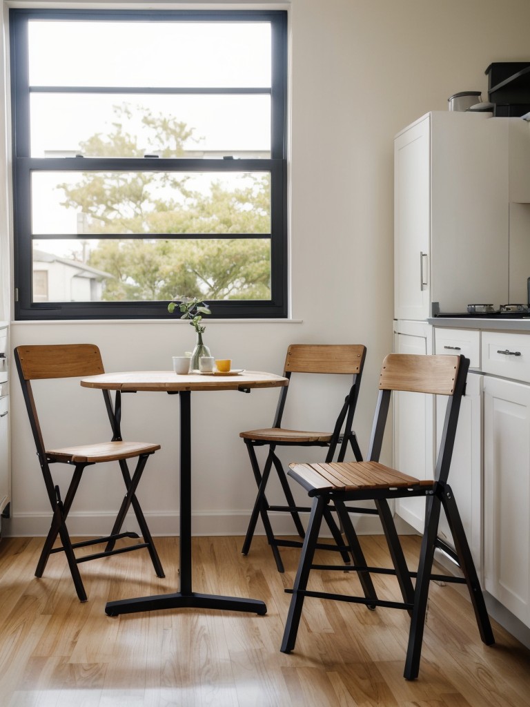 Opt for space-saving furniture like a compact bistro set or folding chairs that can be stowed away when not in use.