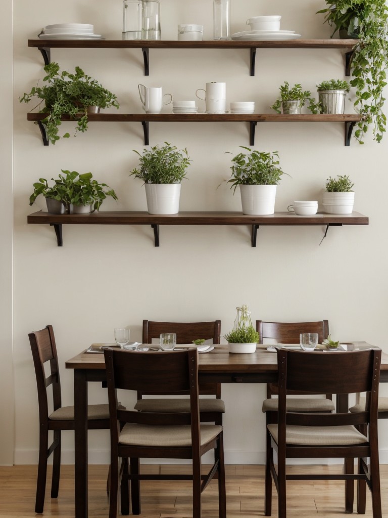 Utilize vertical space with hanging plants and a wall-mounted folding table for dining or lounging.