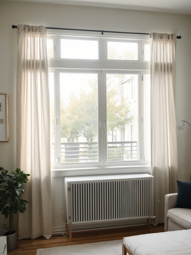 Maximizing natural light and creating a welcoming atmosphere in a studio apartment using IKEA window treatments and lighting fixtures.