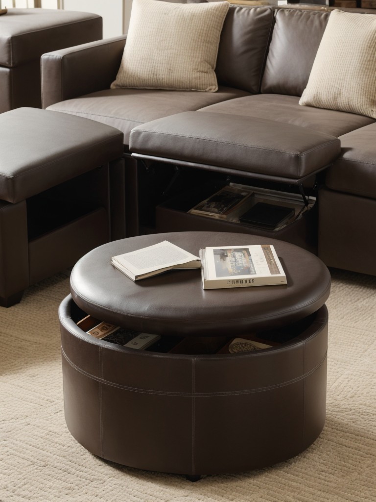 Opt for storage ottomans or coffee tables with hidden compartments to keep items out of sight but easily accessible.